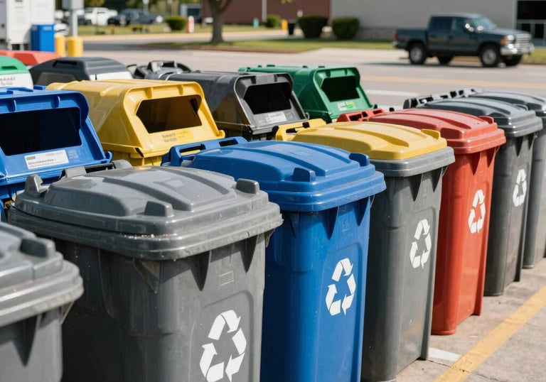 A clean North American recycling center drop-off area with neatly organized bins, representing ecological responsibility. Bright, sunny outdoors, professional atmosphere.