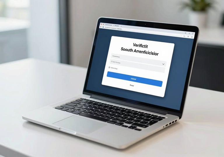 A modern laptop on a clean white desk in a South American / Brazilian office showing a successful verification message, clean and efficient vibe, soft blue tones.