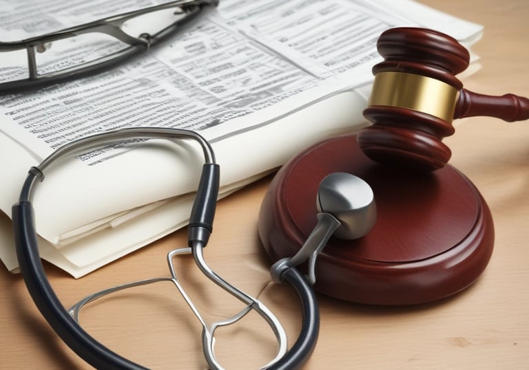 Modern office space with legal books and a laptop on a clean white desk.