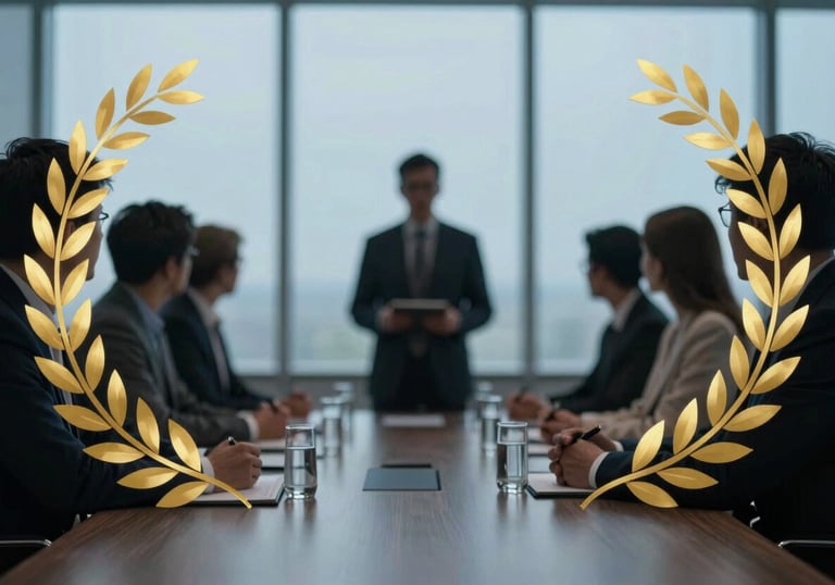 A blurred, sophisticated background photograph of a strategy session. Silhouettes of figures in corporate attire against a steel blue window.