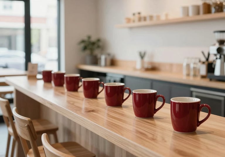 Wide-angle photography of a bright, airy North American cafe with minimalist wooden furniture and deep crimson ceramic mugs on the counter.