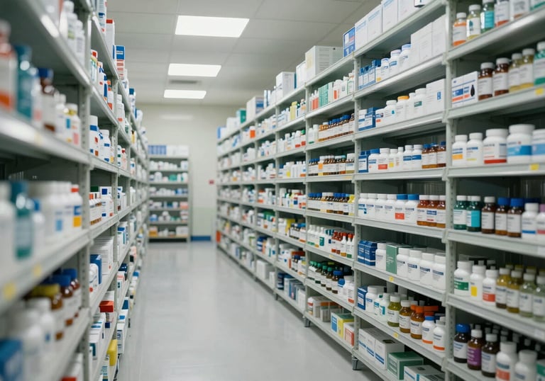 An organized pharmaceutical storage facility with clean lines and soft lighting, representing North American standards of order and efficiency.