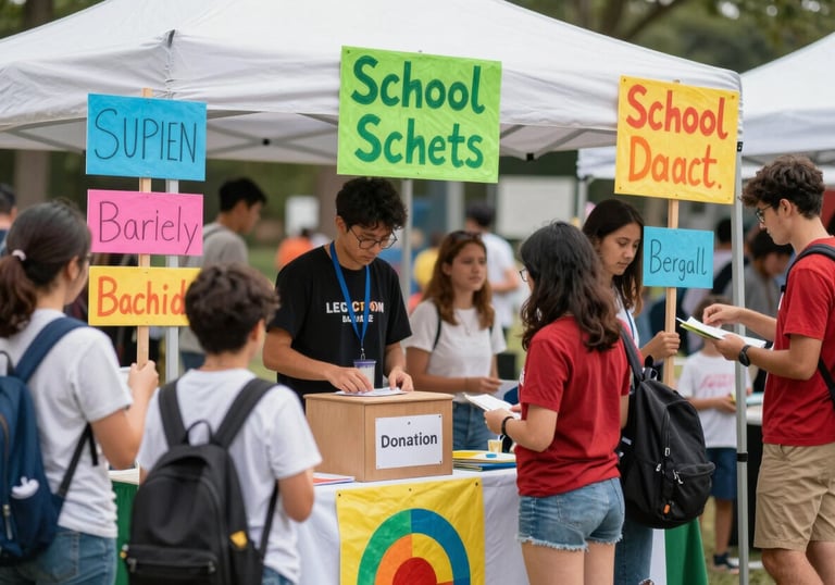 A colorful school fundraising booth at an outdoor festival with handmade signs and a donation box. High energy and communal spirit, with a focus on active participation.