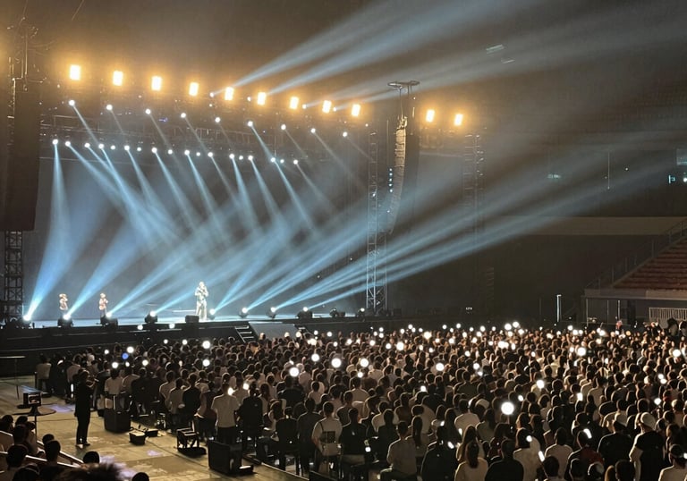A vibrant conference room set up with elegant lighting and attentive guests.