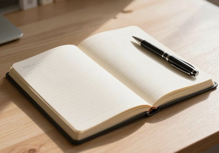 A beautiful, clean notebook and a high-quality pen resting on a light wood desk in a room filled with morning light, symbolizing personal growth.