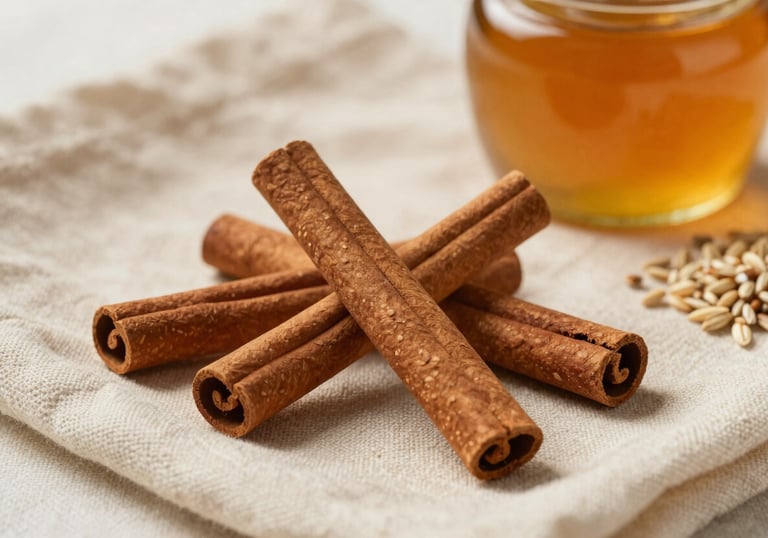 A still life of cinnamon sticks, a jar of honey, and whole grains on a cream linen cloth, warm and organic composition.