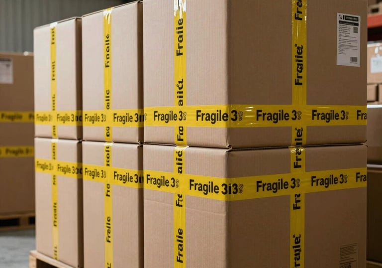 A professional warehouse interior with stacked boxes labeled with 'Fragile' tape, organized for a smooth dispatch in South Asian logistics style.