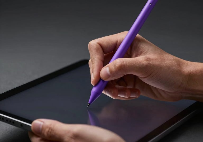 A close-up of a designer's hands using a sleek black tablet with a purple stylus in a dark, minimalist studio. North American / International.