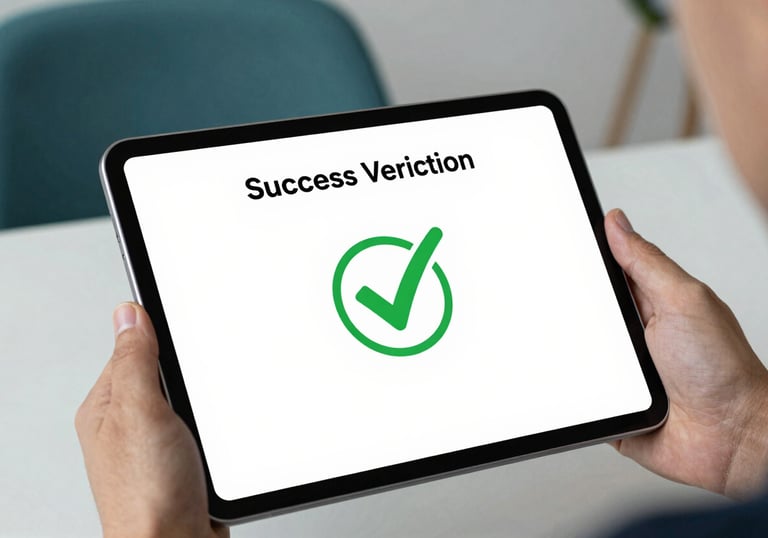 A close-up of a digital tablet showing a successful verification checkmark. The environment is a clean, modern home office with teal accents.
