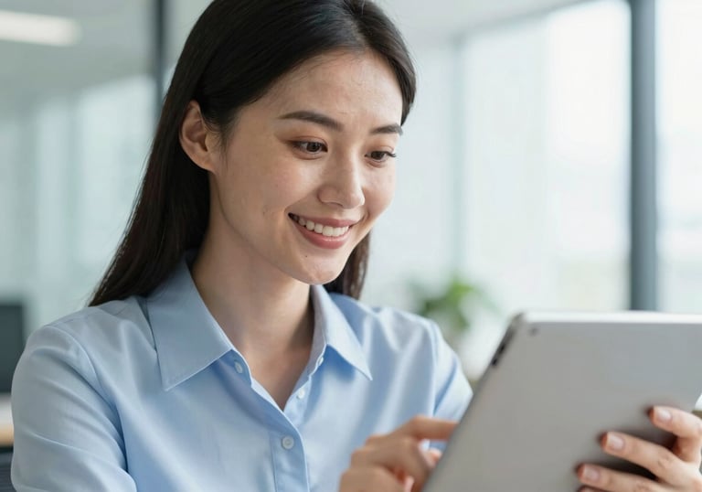 A close-up shot of a professional woman smiling confidently while looking at a tablet in a bright office environment. The color palette includes soft blue-white and teal accents.