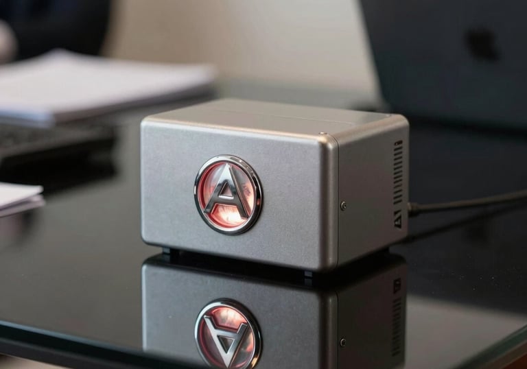 A close-up of a high-end automotive brand logo and a sleek metallic LED bulb box on a black glass table with soft red reflections. Professional Southeast Asian / Indonesian business office setting.