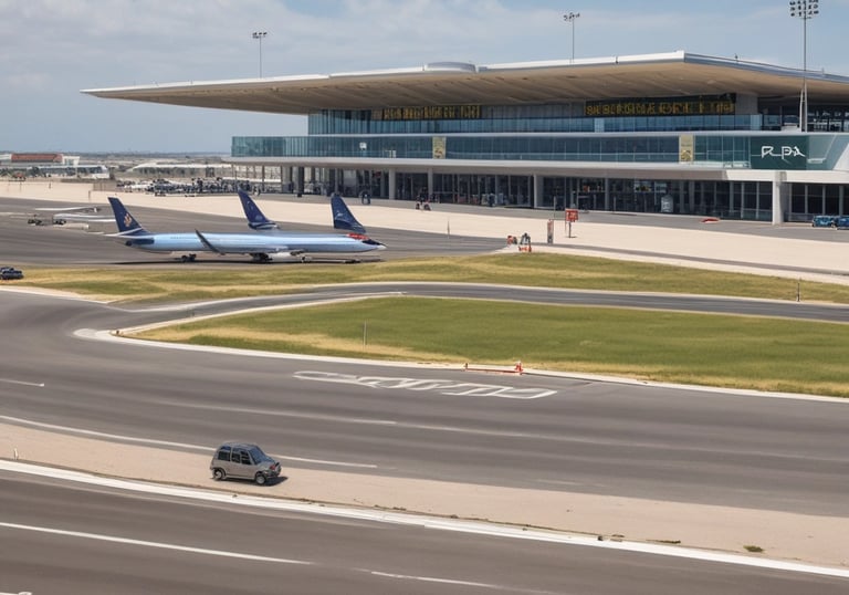 Luxury car waiting outside Faro Airport terminal at sunset.