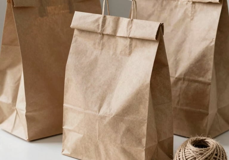 Sustainable and eco-friendly packaging for fruit delivery, featuring brown recycled paper bags and natural jute twine on a clean white surface.