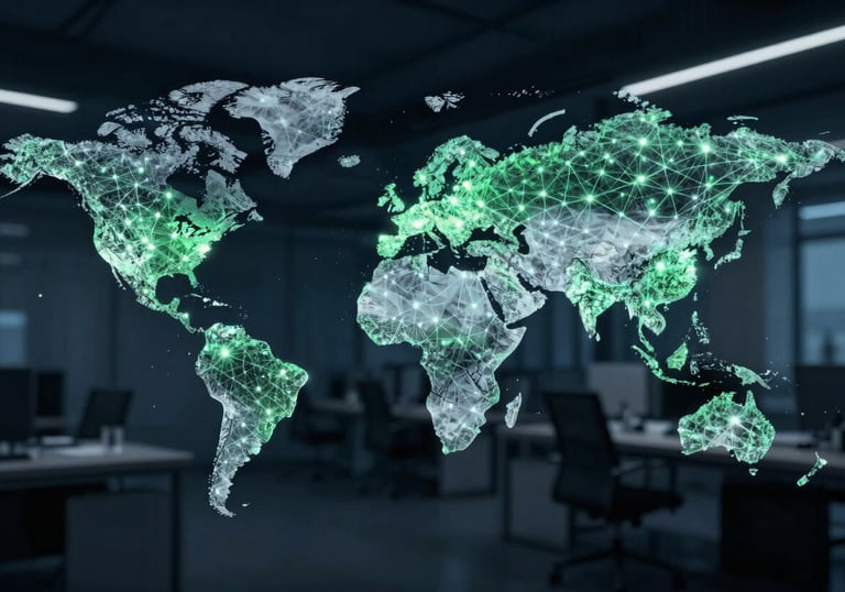 A world map composed of glowing light points on a dark background in a modern tech office, representing connectivity. Professional photography. Colors: dark blue and green.