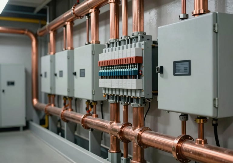 A professional photo of a modern engineering installation. Neatly organized copper pipes and electrical panels in a utility room, showcasing clean and precise workmanship.