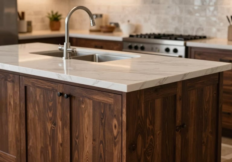 Details of a finished kitchen island with dark brown wood accents and soft ambient lighting, sophisticated Hispanic / Latin American home decor.