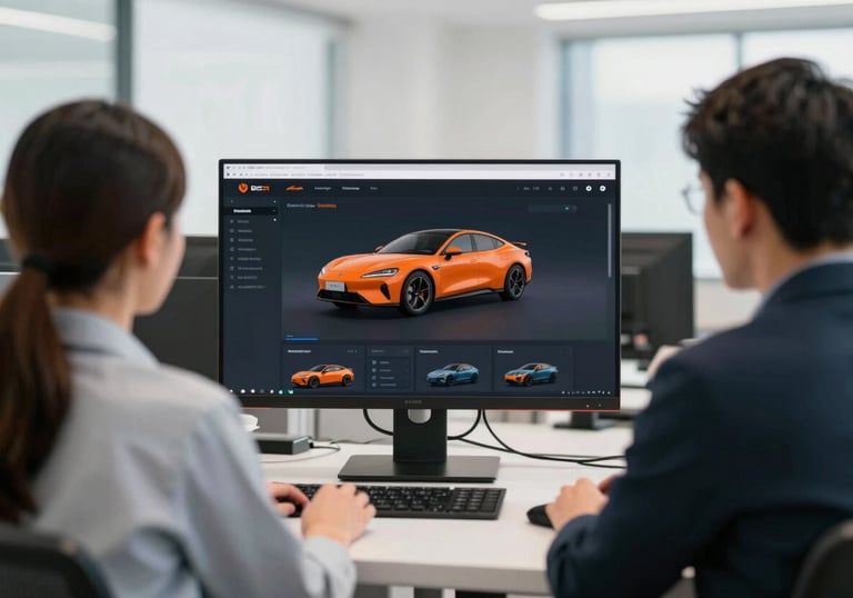 A bright, professional office space where team members are looking at a large monitor displaying automotive analytics, using the brand's orange and black palette.