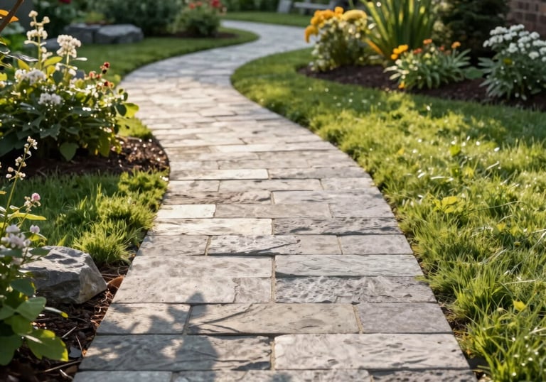 A beautiful new stone pathway winding through a lush green Canadian garden, professional masonry and landscaping work, afternoon sunlight.