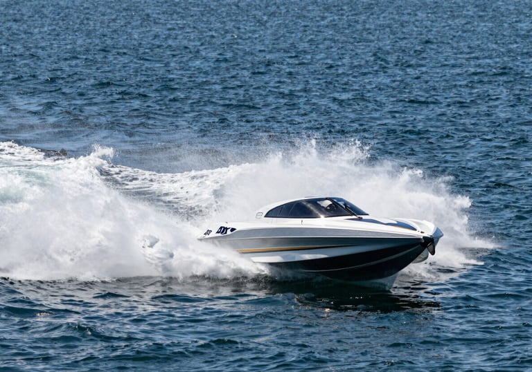 A high-speed powerboat cutting through the blue water of a North American bay, spray of water caught in sunlight, dynamic and exciting marine shot.