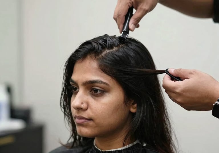 A serene salon chair with a stylist gently working on a client’s glossy hair under warm gold lighting.