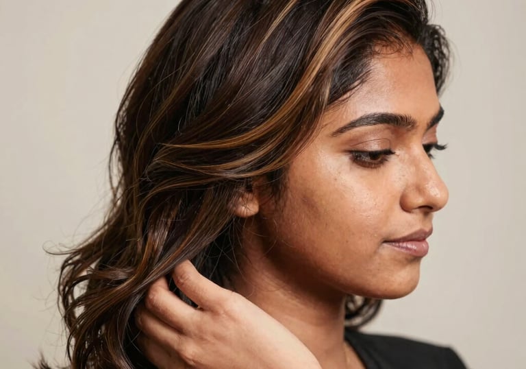 A serene salon chair with a stylist gently working on a client’s glossy hair under warm gold lighting.