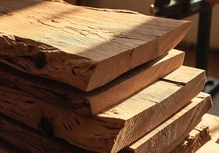tacked live-edge oak planks in a sunlit UK woodworking workshop