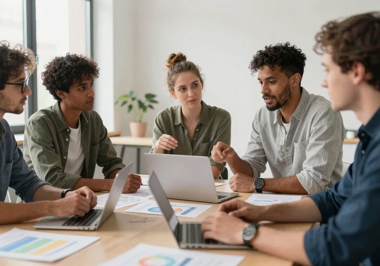 A team of diverse professionals in business casual attire engaging in a collaborative design thinking session in a bright, modern studio. North American / International.