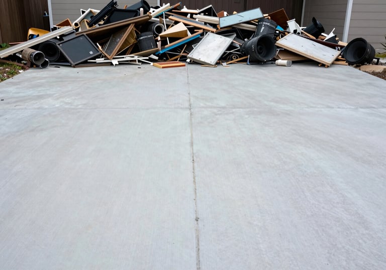 A clean, empty driveway where a junk pile used to be, now showing only the clean Pale Mist pavement, conveying a sense of professional completion.