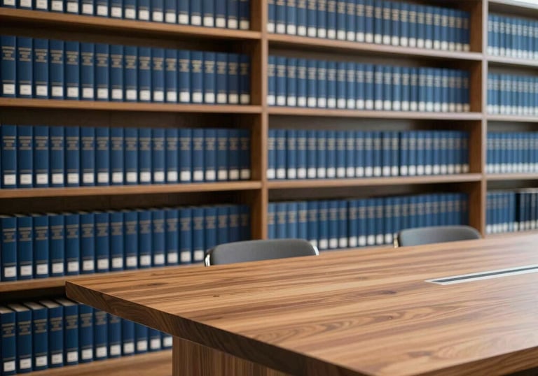 A clean and minimalist law library with rows of organized blue law books and a sleek, contemporary wooden reading table. Professional, focused environment.