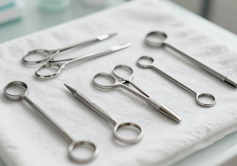 Orderly and sterile manicure tools laid out on a soft white cloth, symbolizing safety and professional care. Muted lighting with #B4C4C3 and #607D7D accents.