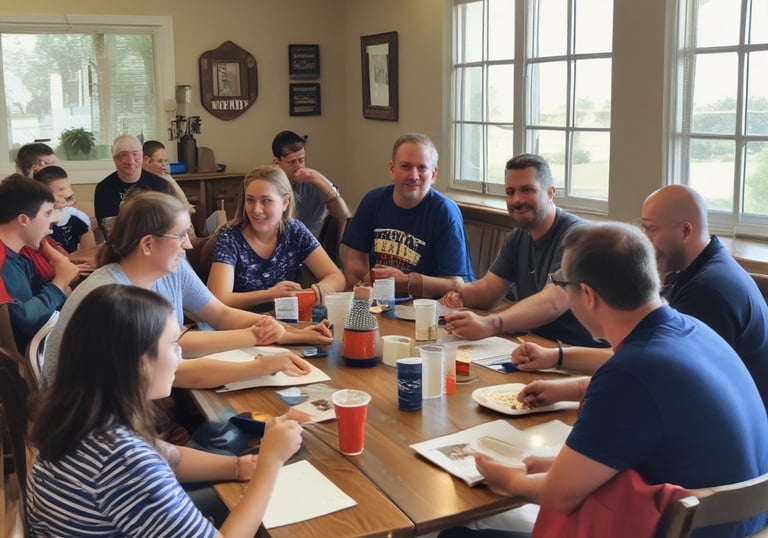 Image of families and friends sharing a meal and laughter after service.