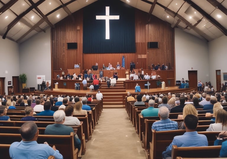 Photo of congregation singing together in a warm, inviting sanctuary.