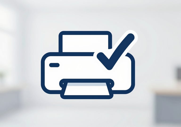 A minimalist 3D icon of a printer with a checkmark, signifying successful installation, featuring #1B263B and #415A77.