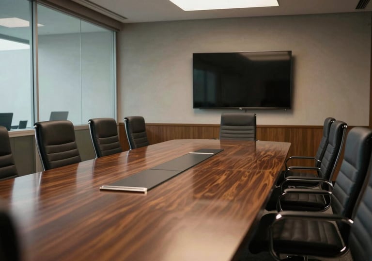 A professional setup in a Brazilian boardroom with glass windows, a dark mahogany table, and modern ergonomic chairs. Lighting is warm and authoritative.