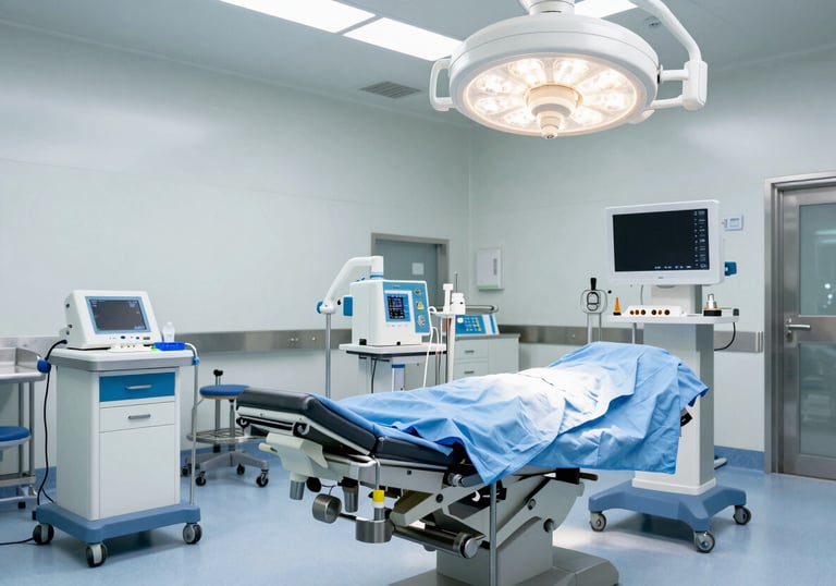 A clean, bright photograph of a state-of-the-art operating room, showcasing functional design and soft blue equipment.
