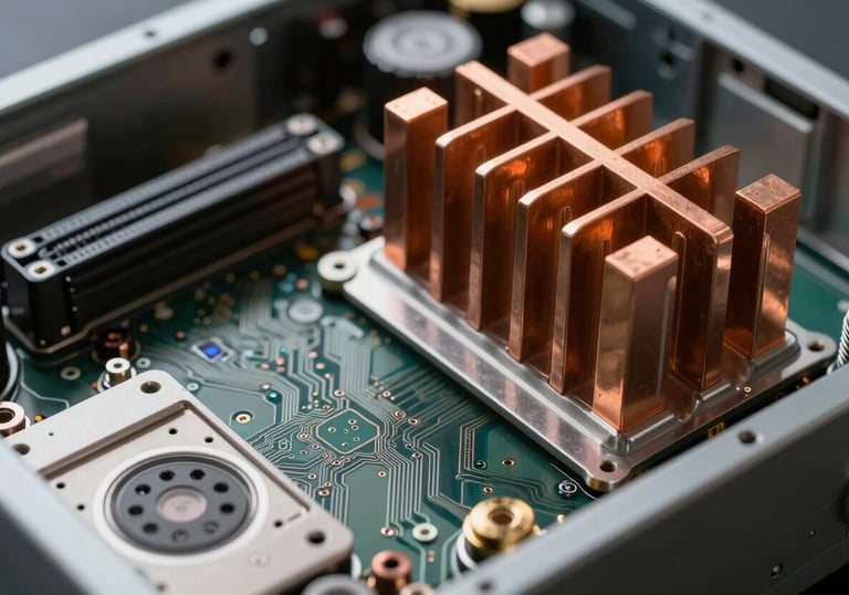 A detailed macro photograph of internal computer hardware, showing clean circuits and copper heat sinks in a technical setting.