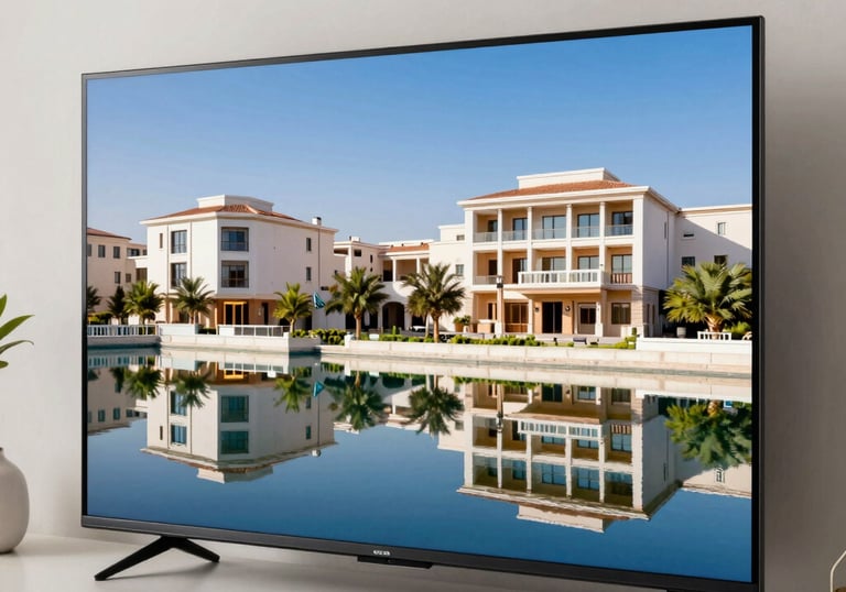 A pristine, newly repaired 4K television screen showing a vibrant landscape, placed in a contemporary Middle Eastern / Gulf apartment. Reflection of clean, modern decor.