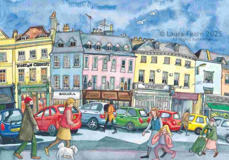 A colourful, bustling scene of a street in Cirencester, painted by Laura Fearn.