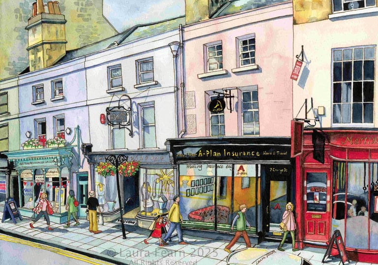 A busy street scene watercolour painting of George Street in Bath by Laura Fearn.