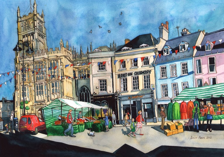 A colourful Market scene painting in watercolour by Laura Fearn.