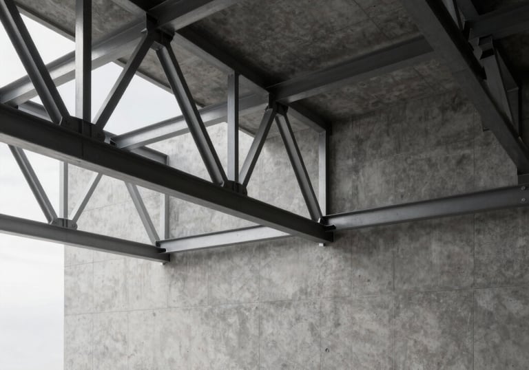High-end 3D render of a modern architectural project with exposed steel trusses and concrete walls. Minimalist design, professional lighting, corporate B2B style.