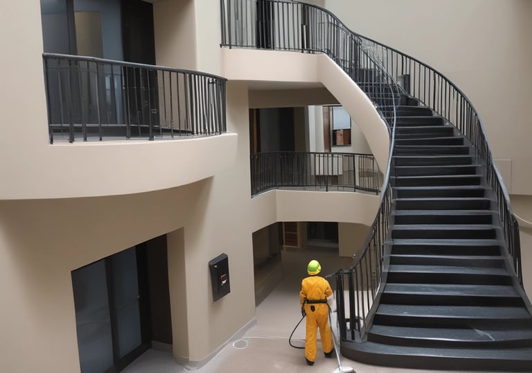 A worker cleaning large glass windows on a modern building facade.