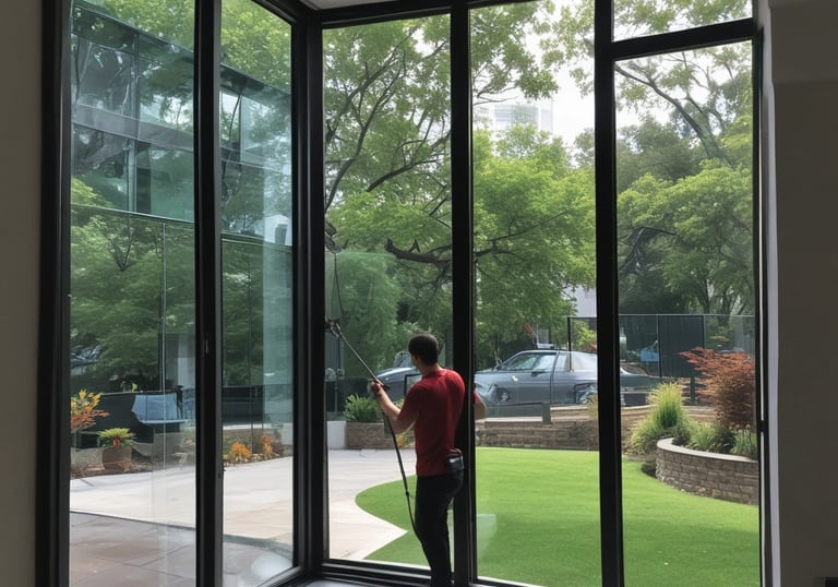A worker cleaning large glass windows on a modern building facade.