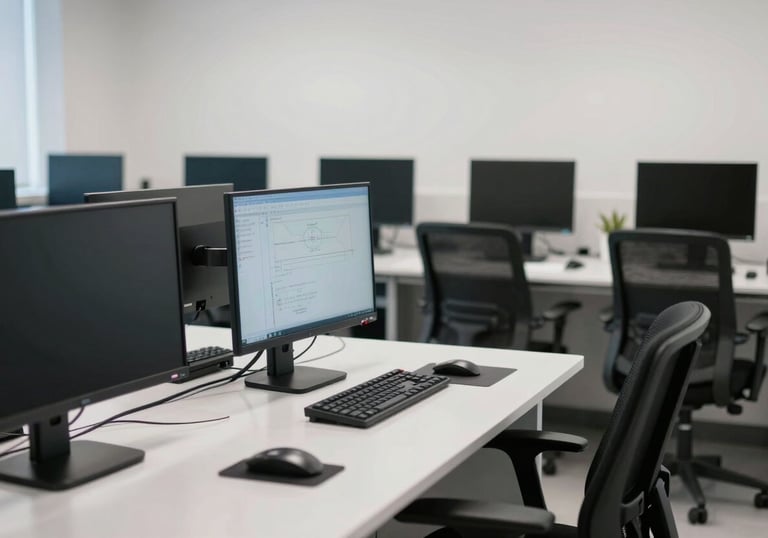 A modern computer lab with ergonomic furniture and bright lighting, emphasizing a clean and organized educational setting in the Gulf region.