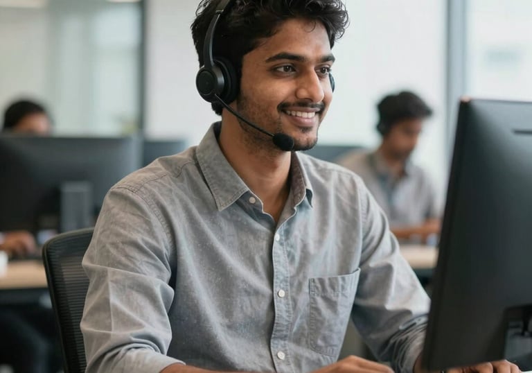 A South Asian / Indian customer service professional in a bright, modern Lucknow office, wearing a headset and smiling while providing support.