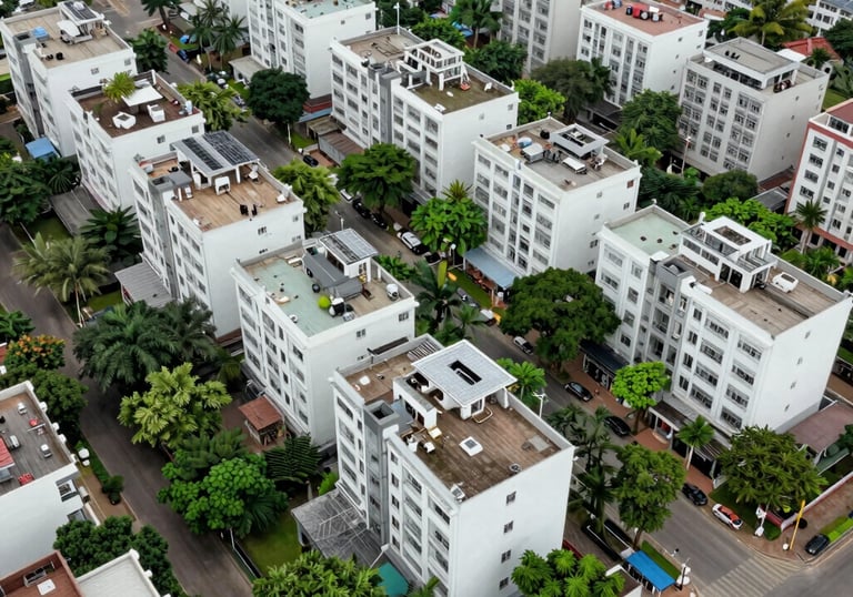 Aerial view of a clean, well-planned South Asian urban residential neighborhood with lush greenery and white buildings.