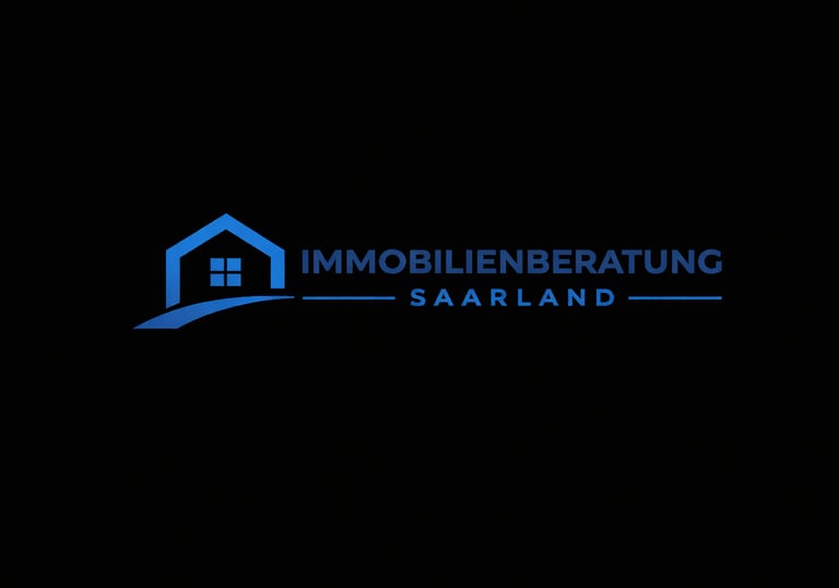 Blue real estate logo for Immobilienberatung Saarland featuring a house icon on a black background.