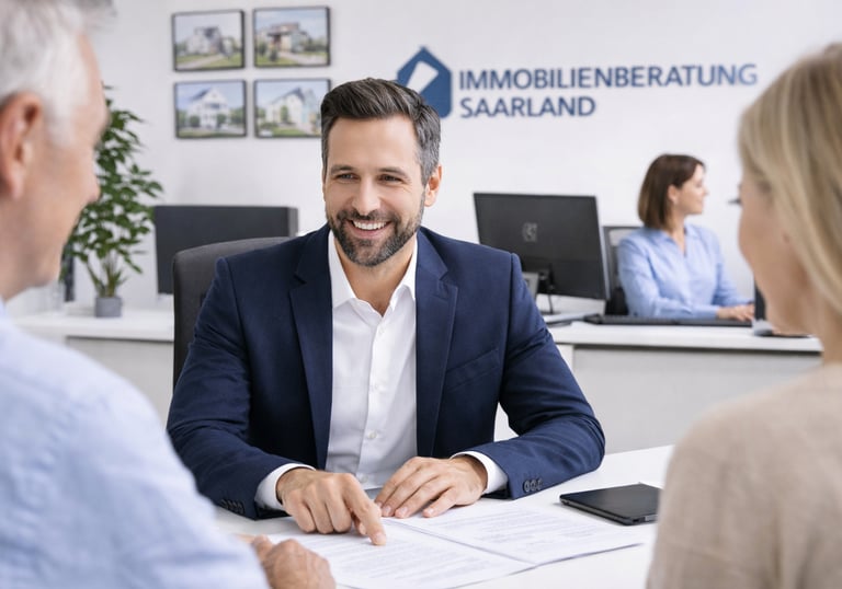 Professional real estate agent consulting a couple at Immobilienberatung Saarland office.