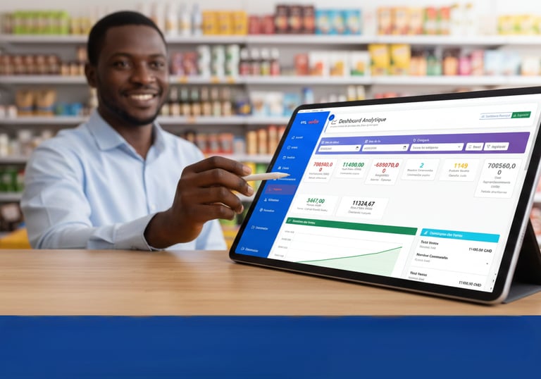 Smiling store owner using a digital tablet for inventory management and sales analytics in a grocery aisle.