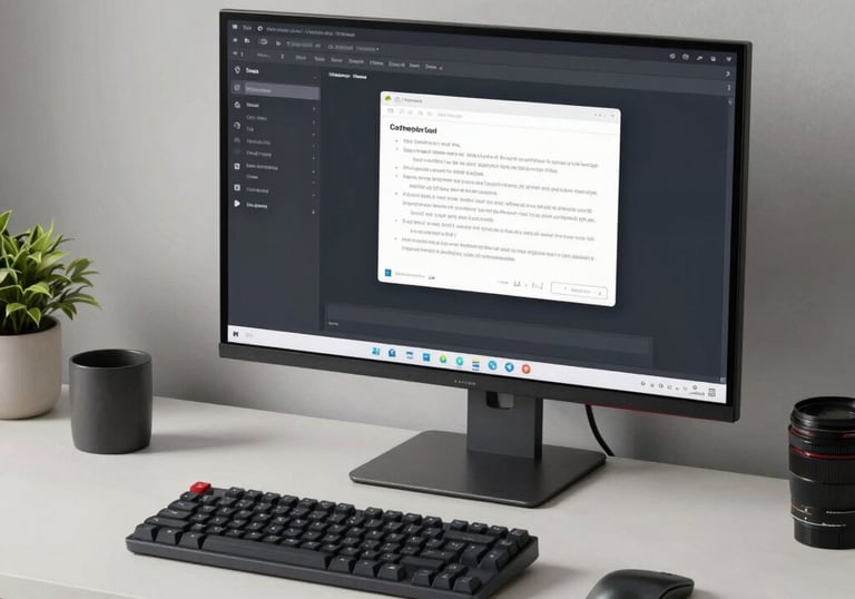 A clean, minimalist desk setup featuring a large monitor with a professional interface, a mechanical keyboard, and stylish office supplies.